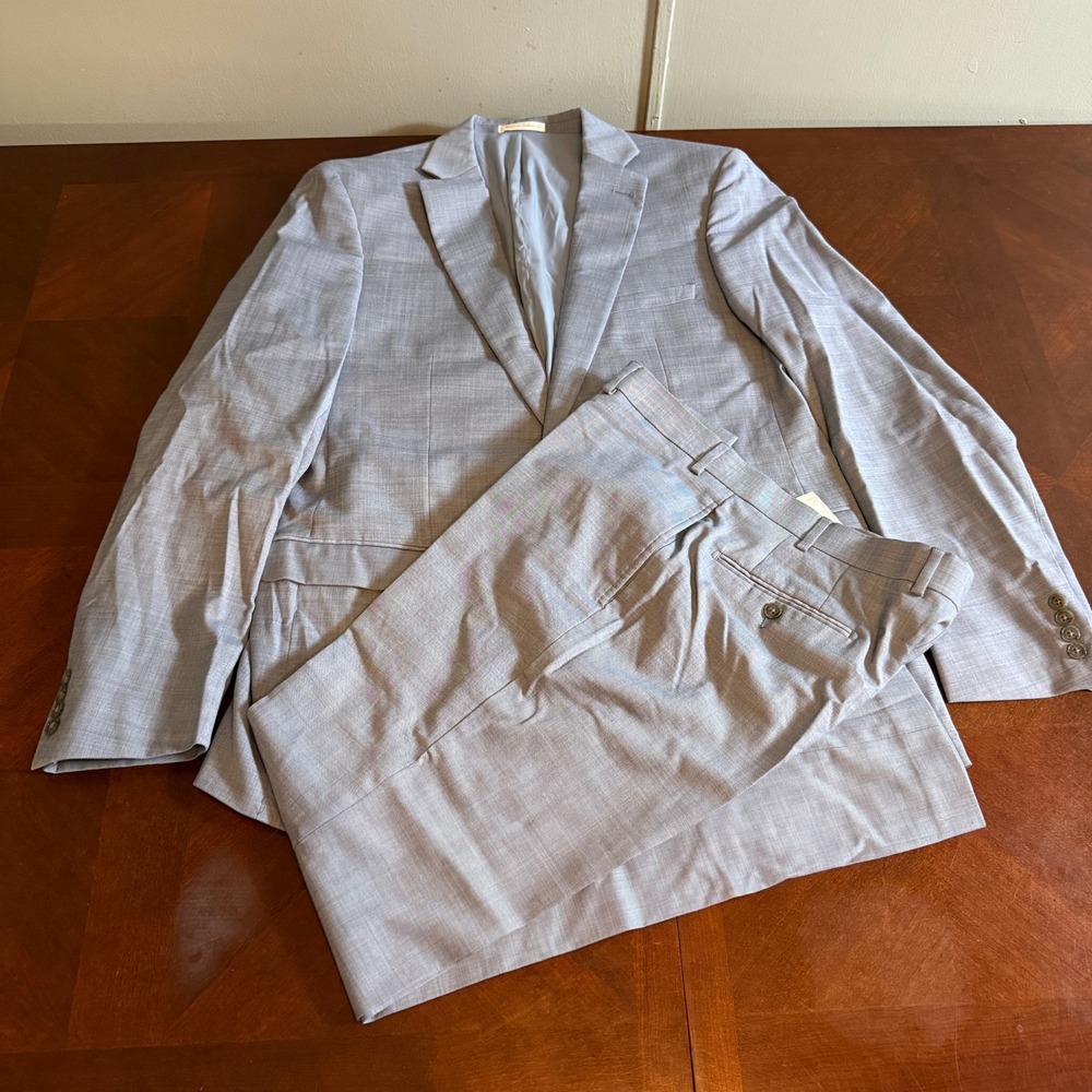 Calvin Klein Mens 2 Piece Wool Blend Suit Light Blue 46L Jacket 38x32 Pants